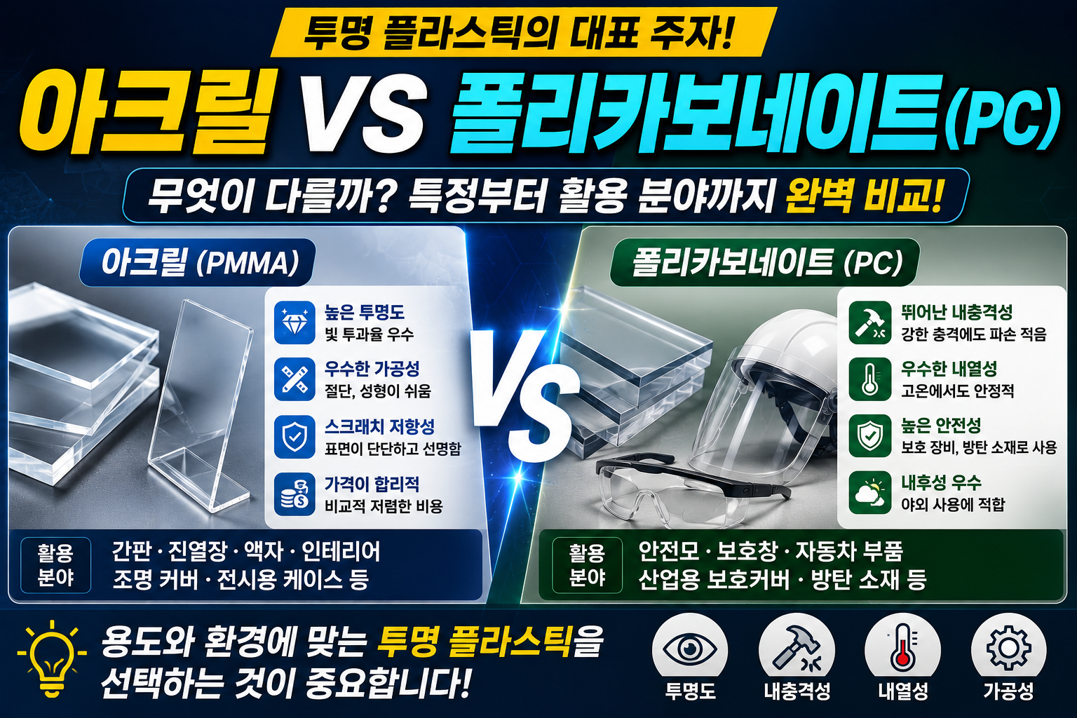 아크릴과 폴리카보네이트(PC), 투명 플라스틱은 무엇이 다를까? 특징부터 활용 분야까지 완벽 비교